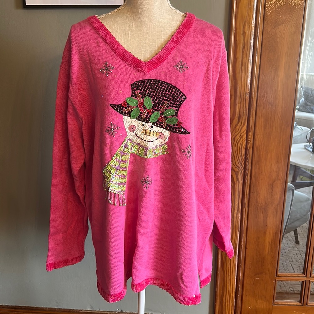 Quaker Factory Sequin Snowman Sweater.  Vintage.  1X